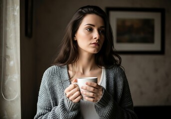 Young woman holding a coffee cup indoors near a window