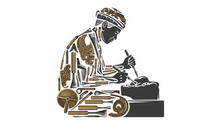 An intricate illustration of a traditional craftsman carving, his body formed by various woodworking and sculpting tools, showcasing the art of manual craftsmanship.