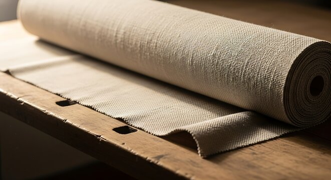 Textile Roll Lying on Wooden Table Surface in Neutral Color Tone