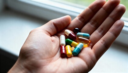 Macro shot of an open hand holding assorted colorful pills and capsules near a window, illustrating healthcare, medication, supplements, treatment, vitamins and pharmaceutical concepts.
