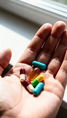 Close-up macro view of a hand holding mixed multicolored pills and capsules by a bright window, showing concepts related to medicine, supplements, health treatments and pharmaceutical care.