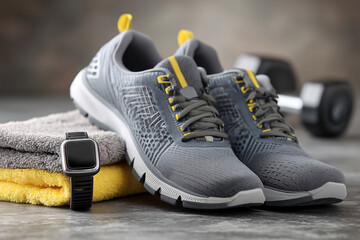 High-quality fitness footwear with smartwatch, towel , and workout gear arranged in a clean modern gym. Running shoes and dumbbell. Training accessories, active lifestyle, motivation, exercise habits.