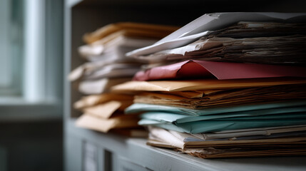 A tightly packed wall of old disorganized file folders, envelopes, and thick stacks of paper documents stored on a shelf in a dimly lit archive room, ultra-high-resolution realisti