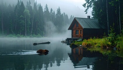 Forest house by misty lake at dawn with reflection in water, surrounded by trees. Perfect for nature, landscape, travel, serenity, cabin, tranquility, outdoors, adventure