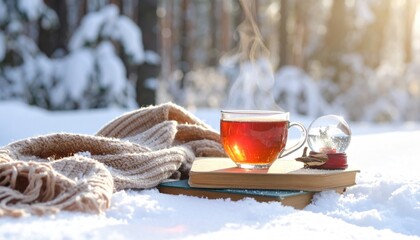 Red tea cup with warm scarf on wooden tray in snowy winter forest. Cozy seasonal comfort, relaxation, winter drink, lifestyle, tranquil outdoor scene, hot beverage, hygge, slow living, warmth,