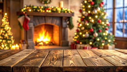 Empty rustic wooden table with defocused Christmas tree and fireplace background. Perfect for festive, product, display, advertisement, winter, holiday, cozy, decoration.