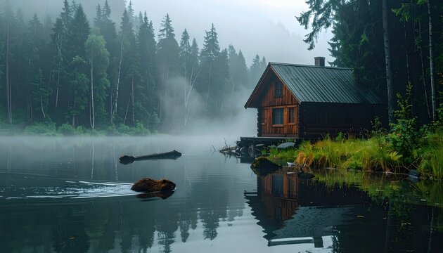 Forest house by misty lake at dawn with reflection in water, surrounded by trees. Perfect for nature, landscape, travel, serenity, cabin, tranquility, outdoors, adventure