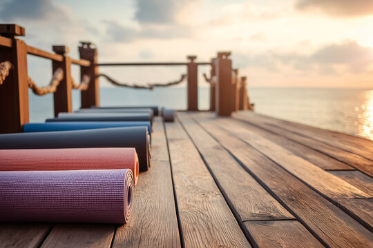 Peaceful row of yoga mat on a wooden pier near ocean at sunrise with copy space. Outdoor wellness retreat mindful practice travel fitness. Serene healthy lifestyle. Tourism, relaxation, pilates.