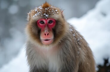 Japanese macaque sits still in white snow. Snow monkey with red face, dark eyes watches intently. Brown fur fresh frost. Wild animal lives in cold, natural winter habitat. Primate portrait in snowy