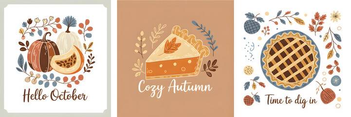 Set of autumn themed illustrations featuring pumpkins and pies perfect for seasonal designs and greeting cards