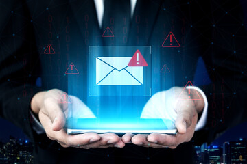 Phishing email alert concept showing digital envelope with warning sign represents data theft, network breach, and email security threats. Parse