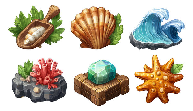 Coastal Fantasy Illustration Featuring Marine Elements and Tools for Beachcraft