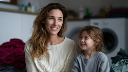 A bright, heartwarming laundry-room scene featuring an adult and a small child sitting on the floor together in front of an open front-loading washing machine, ultra-high-resolutio