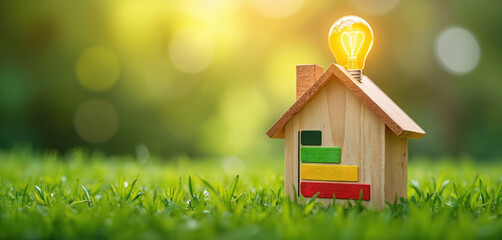 Toy house with lightbulb on roof sits on grass. Energy rating chart shows efficiency. Idea for eco friendly home and power saving. Bright natural light illuminates scene.