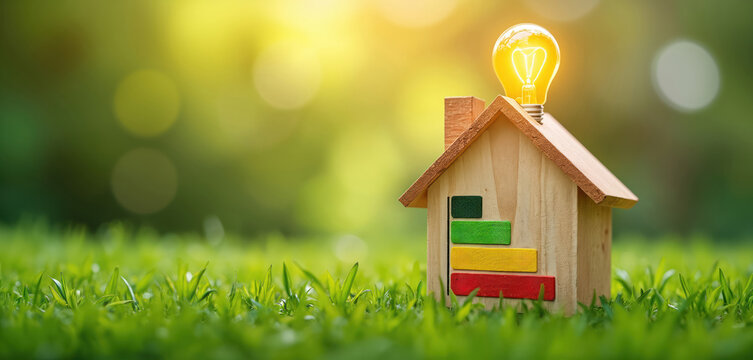 Toy house with lightbulb on roof sits on grass. Energy rating chart shows efficiency. Idea for eco friendly home and power saving. Bright natural light illuminates scene.