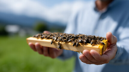 Beekeeper working outdoors in bright natural sunlight, close-up shot of male hands holding a wooden honeycomb frame densely covered with active bees, detailed textures of bees, wax