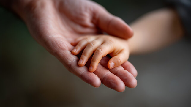 Close-up symbolic portrait of two hands holding each other the small, delicate hand of a child gently embraced by the large, weathered hand of an adult, conveying protection, conne