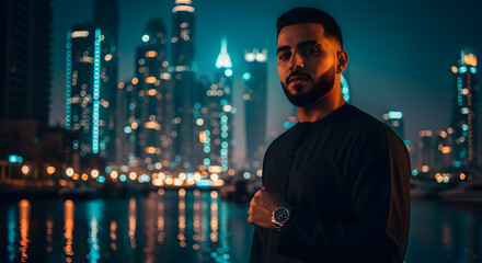 Confident Emirati Man in Traditional Black Kandura Against Dubai Skyline at Night Blue Hour