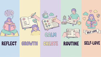 Selfcare routine illustration featuring concepts like journaling reflection growth creativity and selflove