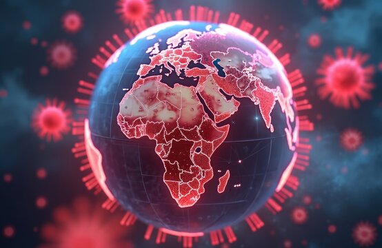 Digital illustration shows glowing planet earth with continents highlighted red symbolizing infection spread. Coronavirus particles float around globe, warning about global health crisis.