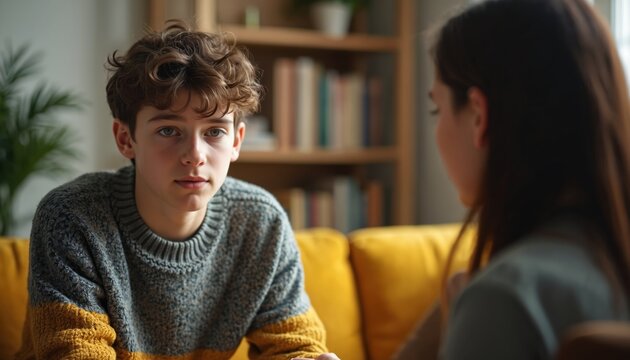 Teen boy confides in female therapist during session. Youngster discusses personal issues like school stress and mental health with professional. Safe space for adolescent communication and support.