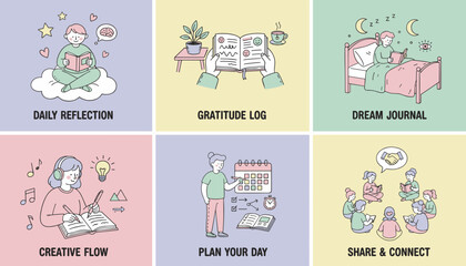 Journaling habits for selfcare mental health reflection gratitude planning and community connection