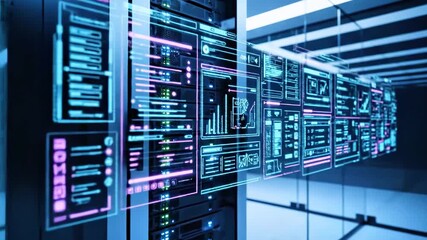 Server room displaying digital data with glowing panels and data charts - Powered by Adobe