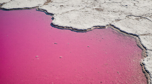 Vibrant Pink Salt Lake with White Salt Deposits (Minimalist Aerial View)