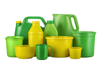 Green/yellow plastic containers, variety of shapes/sizes