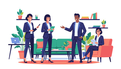 Diverse business team collaborating in a modern office setting discussing strategy and partnership