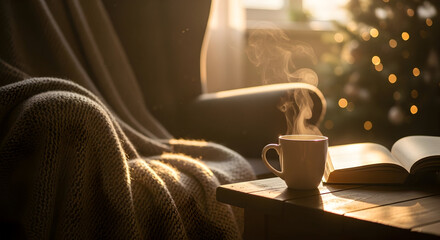 Cozy Winter Morning with Hot Coffee Open Book and Blanket by Window Christmas Tree Bokeh