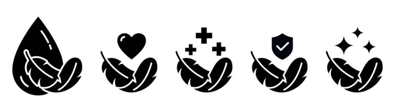 Sensitive skin icon set. Organic cosmetic skin care components for healthy and hydrated skin. Sensitive skin label, logo, badge, sign, symbol, banner, black, line, flat vector, isolated illustration.