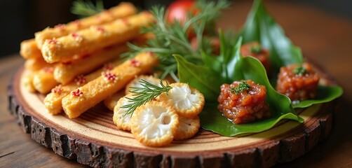 Gourmet tasting plate offers savory fried sticks, crackers with cream, and fresh salsa bites atop green leaves. Delicious appetizer or starter dish presented on wood.