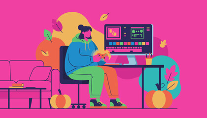 Young person gaming or developing on a desktop PC at home enjoying autumn leisure time