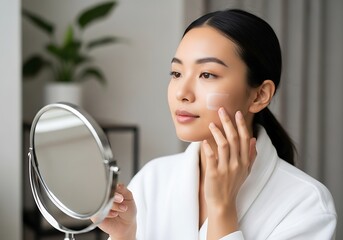 Woman applying skincare product to her face while looking in a mirror