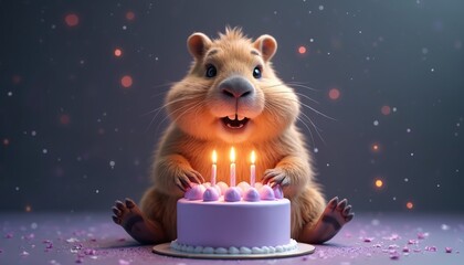 Cute capybara celebrates birthday with lilac cake, candles. Cartoon animal sits, smiles happily. Funny rodent enjoys holiday party event. Childrens greeting card, birthday invitation banner ad