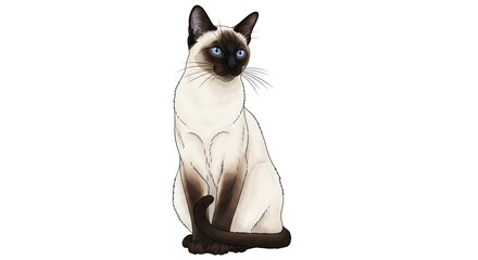 Elegant Siamese cat with striking blue eyes sitting gracefully, a beautiful illustration of a purebred feline friend on a white background