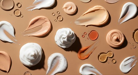 Fototapeta premium Cosmetic creams and liquids various colors textures beige background products skincare makeup beauty industry different tints foundation lotion serum drops