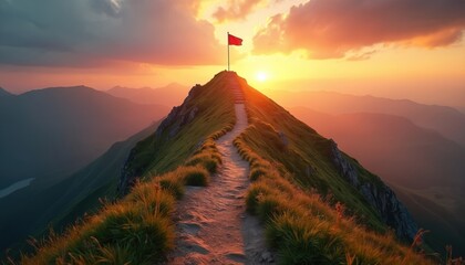 Mountain path leads to summit flag at sunset. Steep trail winds through grass. Represents ambition, perseverance, and reaching goals during a vibrant dusk sky.