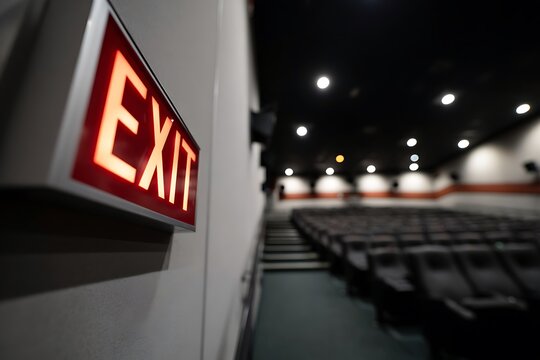 Find your way with a glowing red exit sign in a darkened auditorium, ideal for safety guidelines, theater productions, and emergency planning in public spaces
