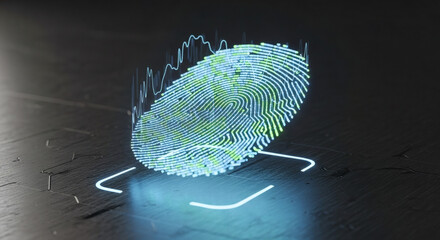 Abstract 3D rendering of a glowing fingerprint on a dark textured surface with futuristic blue light accents