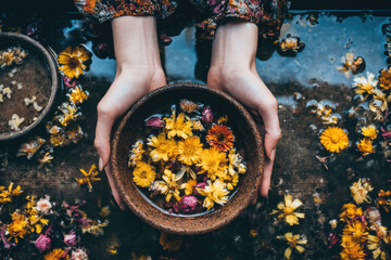 Pair of hands gently holding wooden bowl filled with vibrant yellow and purple flower petals above water, surrounded by floating blossoms, creating peaceful, natural spa atmosphere