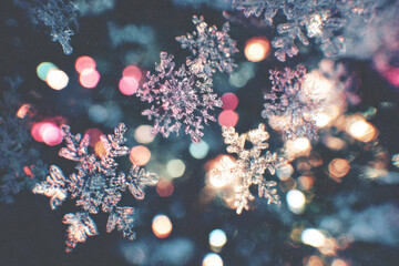 Snowflake abstract bokeh holiday light bright winter festive colorful background create dreamy winter scene with glowing snowflakes and vibrant holiday lights evoking magical festive atmosphere