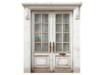 Fototapeta premium Distressed white double doors with window panes, aged wood