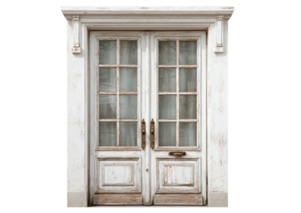 Distressed white double doors with window panes, aged wood