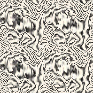 Vector seamless pattern with fingerprint flowing forms. Abstract monochrome texture background with wavy organic shapes, fluid design. Black and white. Repeated design for textile, print, wallpaper