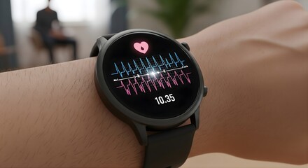 Close up of person wearing smartwatch showing health tracking app heart rate monitor ekg data in modern digital healthcare lifestyle technology background