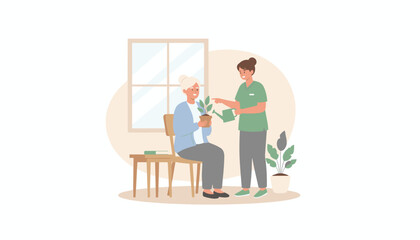Caretaker helps a smiling senior woman water a houseplant indoors Home healthcare and companionship concept