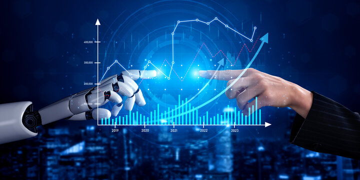 A human hand interacts with a robotic arm, displaying digital graphs and data trends, symbolizing the synergy between human intelligence and advanced technology. Scalp
