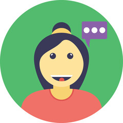 Illustration of a smiling woman with dark hair wearing a coral shirt and a green circle background with a purple speech bubble above her head indicating communication or thought bubbles